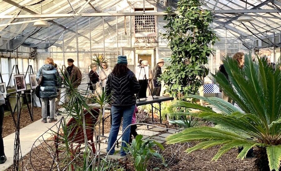 Inside view of a Blake Garden greenhouse, plants and people abound