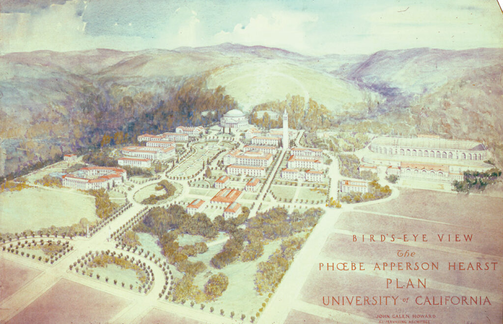 Drawn bird's eye view of the original UC Berkeley campus
