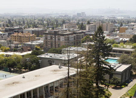 City of Berkeley skyline showing buildings and land for miles