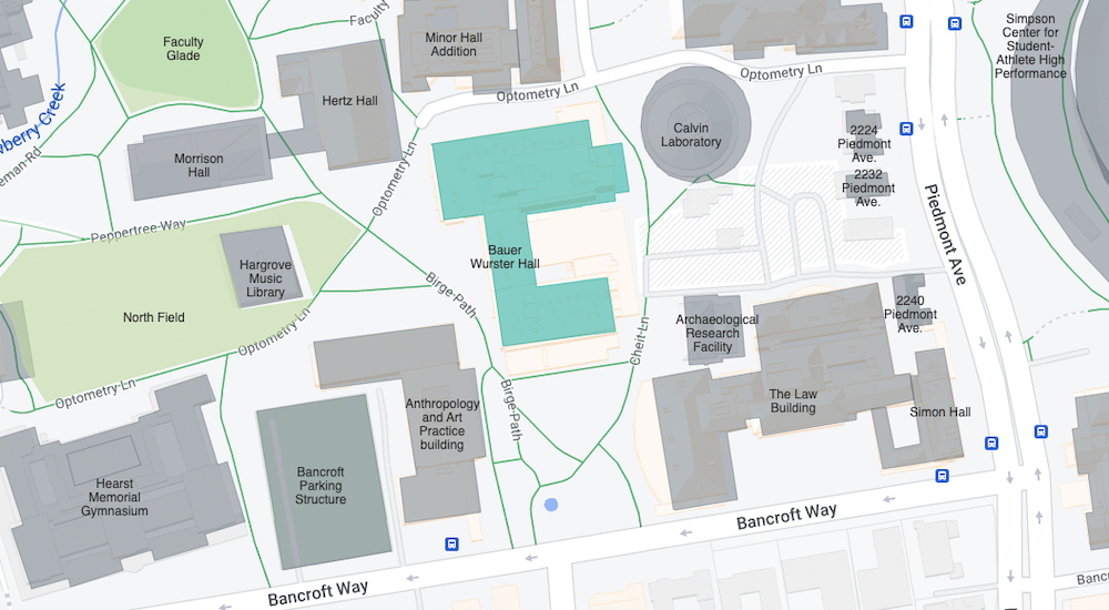 Map of Bauer Wurster Hall which sits west of the corner of Bancroft and College Ave. in Berkeley, CA