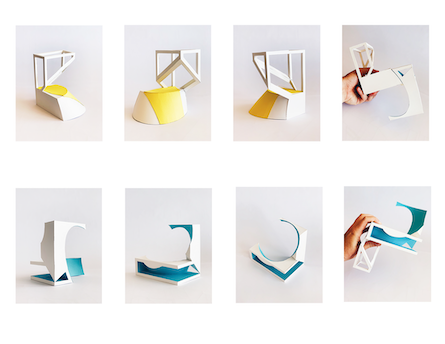 eight photos of combined models, top row with yellow, bottom row with blue accents