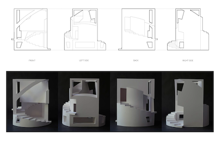 4 drawings on top, 4 model photos below - showing the same view above each other