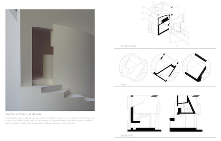 detail photo of model on left, several drawings on right