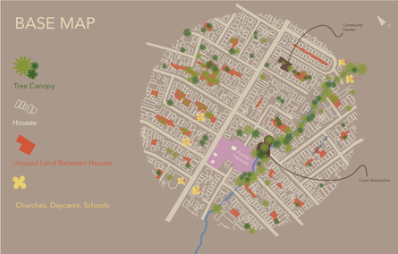 Showing Peralta site in a circle, with trees, houses and churches highlighted