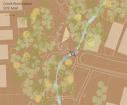 Site map with creek from upper right to mid-bottom, greenery around it
