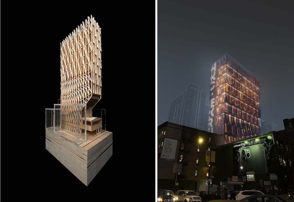 Two views of a wooden tower At left, a wooden model showing the timber skeleton and at right a rendering of the building at night.