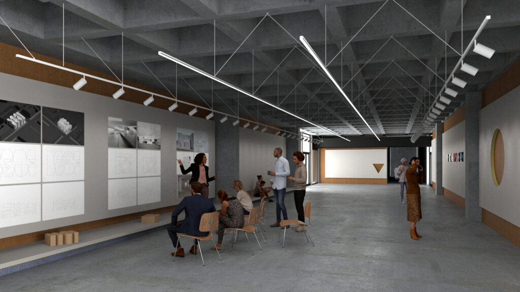 rendering of the the first floor exhibit space in Bauer Wurster Hall. Student projects are pinned up on the walls while a student is presenting in front of crits. 