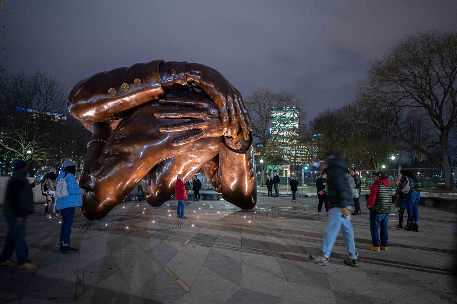 Embrace Sculpture at night, Boston, MA