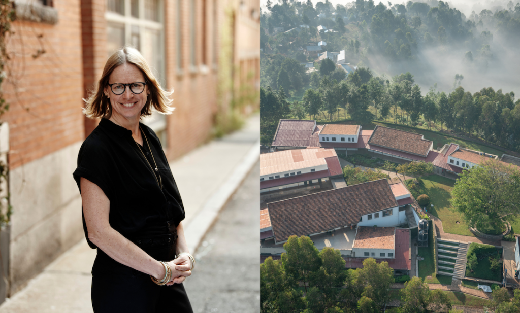 Three-quarter length photo of a blond woman with black glasses on the left; an aerial view of building amid a mountain-top forest on the right.