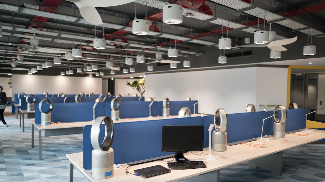 Office interior with fans on each desk
