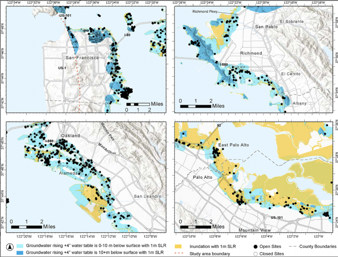 Composite of maps of San Francisco Bay Region showing toxic sites in areas of potential groundwater rise.