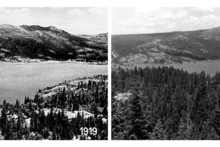 Two images of the same mountain lake, in 1919 and 1993