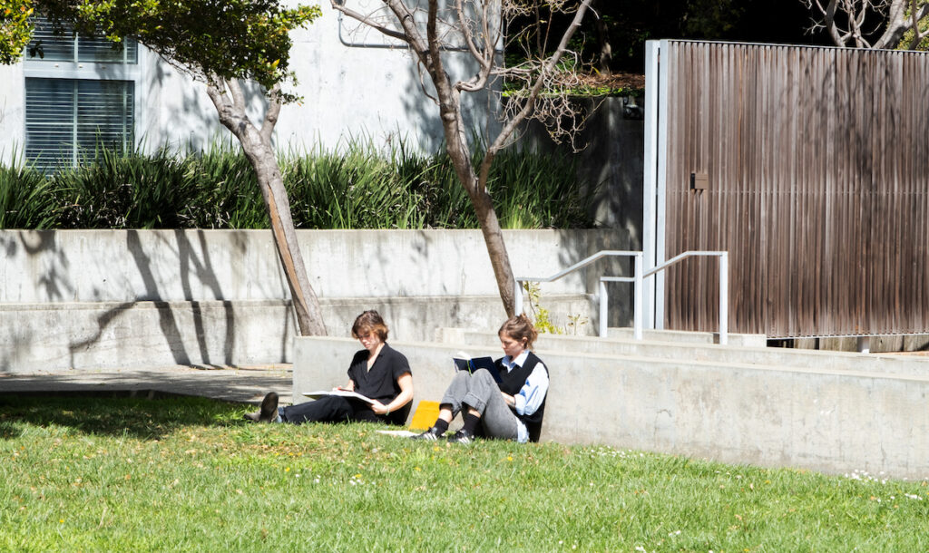 people reading in courtyard sun