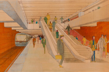 Interior of BART station with escalator, people, and orange tile walls
