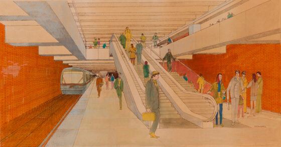 Interior of BART station with escalator, people, and orange tile walls