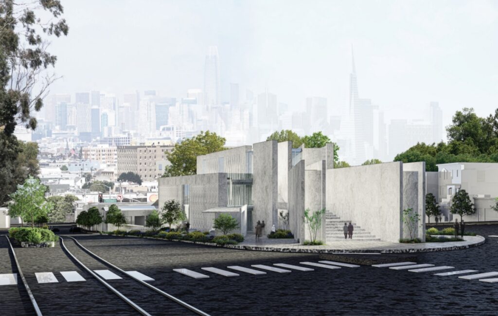 Rendering of a building with staircase with San Francisco skyline in the background