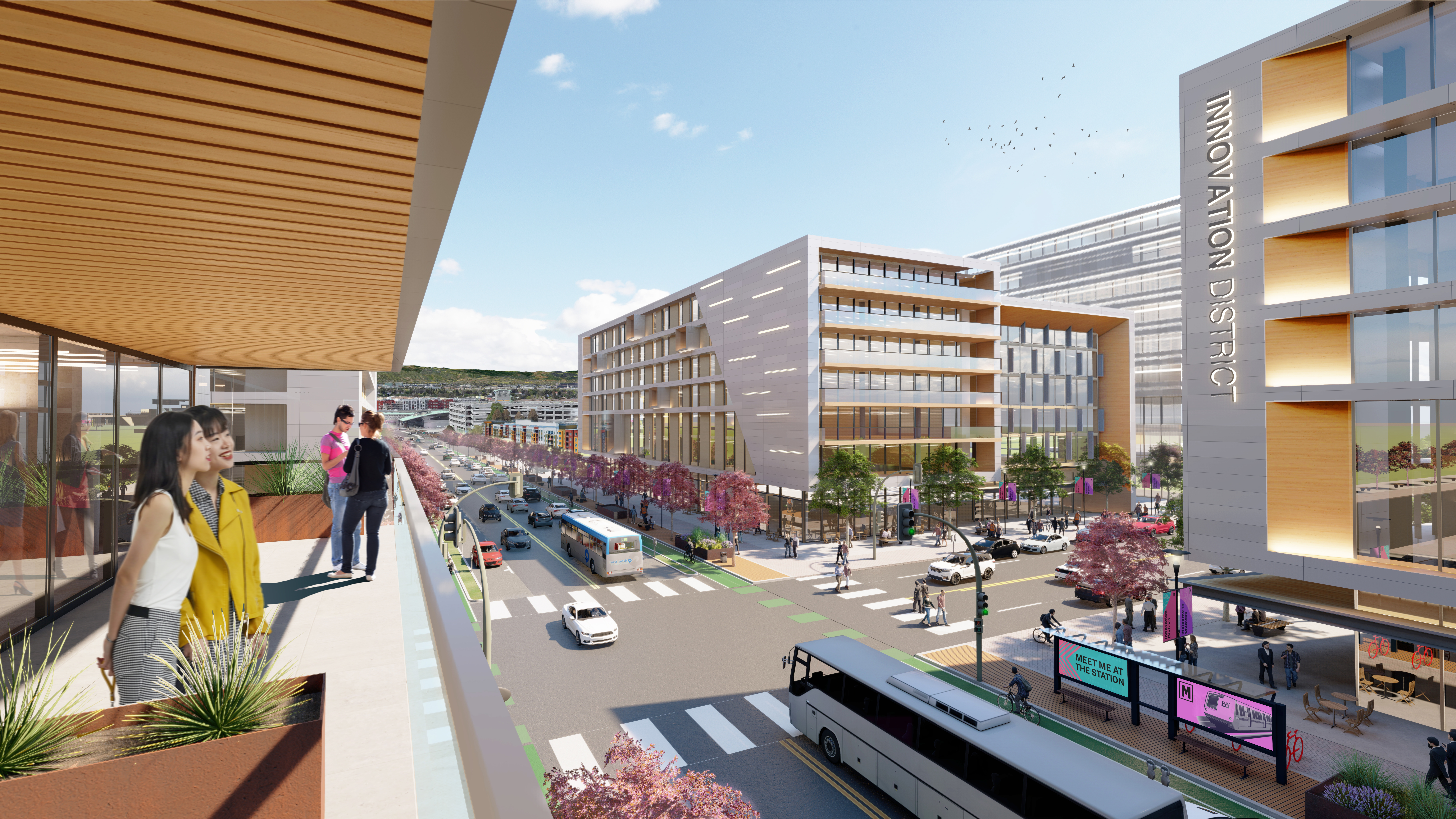 rendering of innovation district with people walking in archway overlooking street with bus