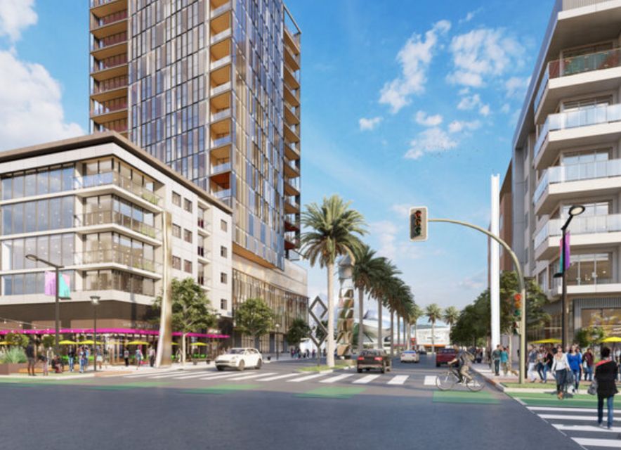 Rendering of Milpitas street and intersection with buildings, cars, and people