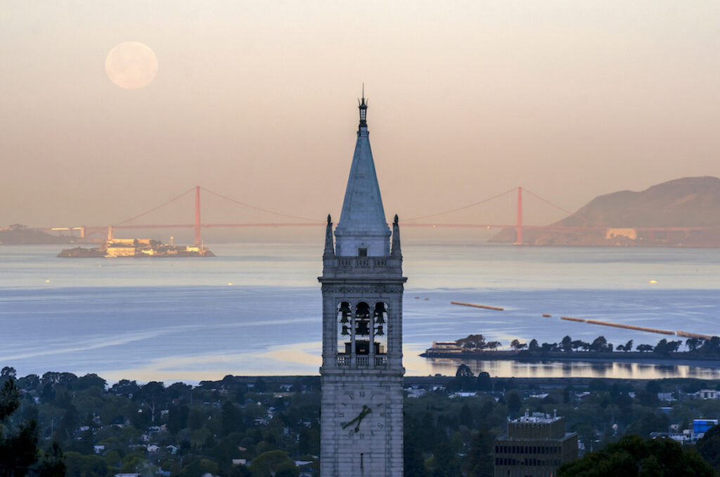 pink supermoon over Berkeley campanile