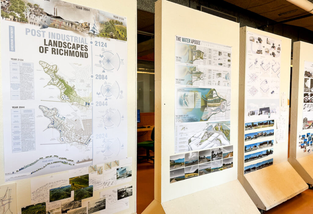 Maps and drawings displayed on walls