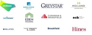 A composite of logos for the following companies: Lendlease, Sares Regis, Greystar, Holland Partner Group, Welltower, Eden Housing, Cushman &amp; Wakefield, Equity Community Builders, Related, The Community Builders, Brookfield and Hines.