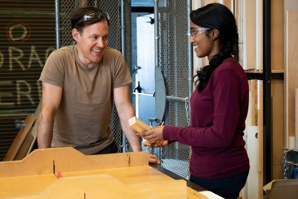 Professor and student in wood fabrication shop