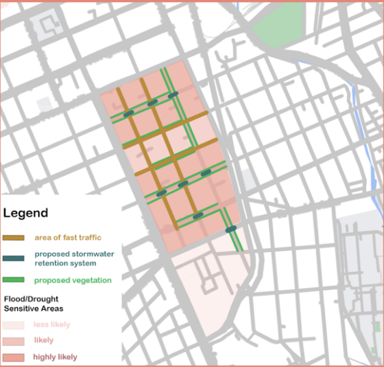 Plan of street grid showing location of proposed vegetation