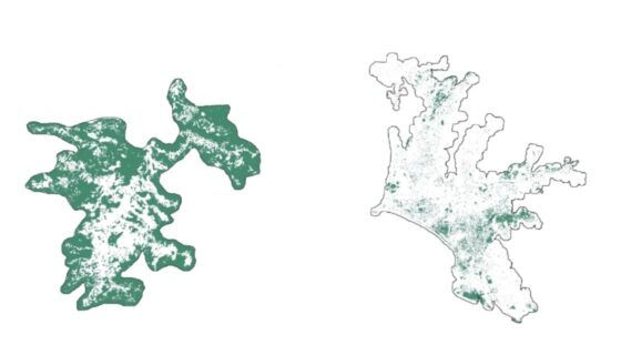 Maps of cities in Brazil and Peru with green dots indicating urban green spaces.