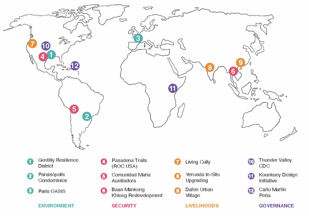 World map with colored dots and numbers indicating case study cities