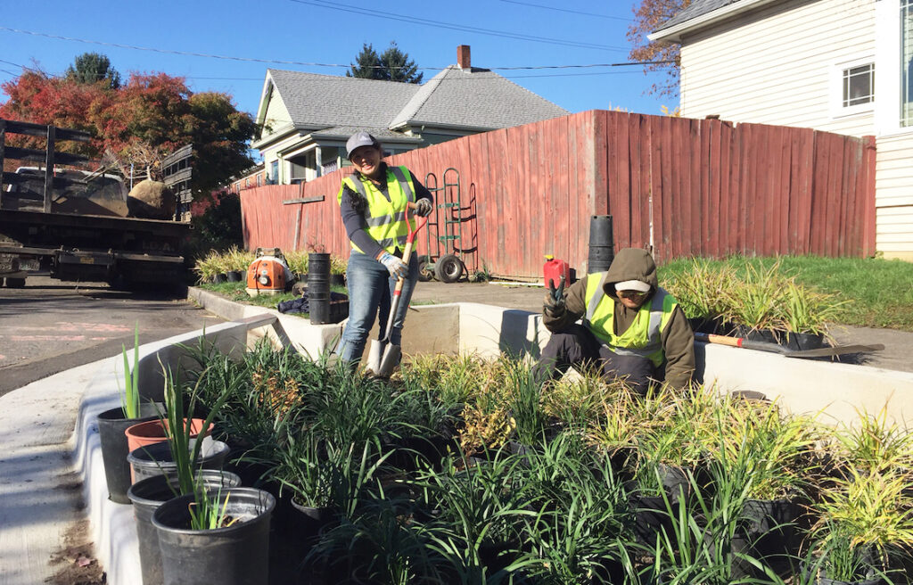 Two people with tools next to buckets of new plants in residential neighborhood