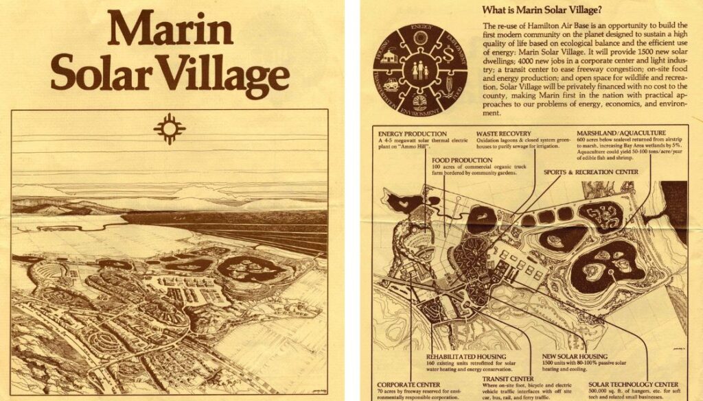 Cover page and interior page of prospectus of Marin Solar Village by Sim Van der Ryn