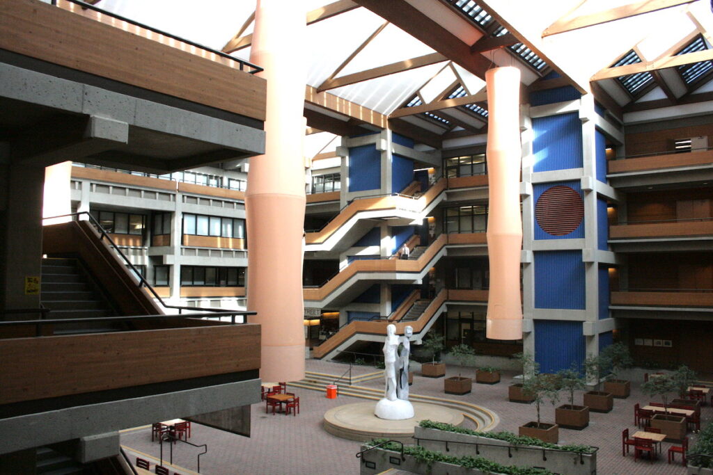 Skylit atrium of the Bateson Building, an example of sustainable architecture.