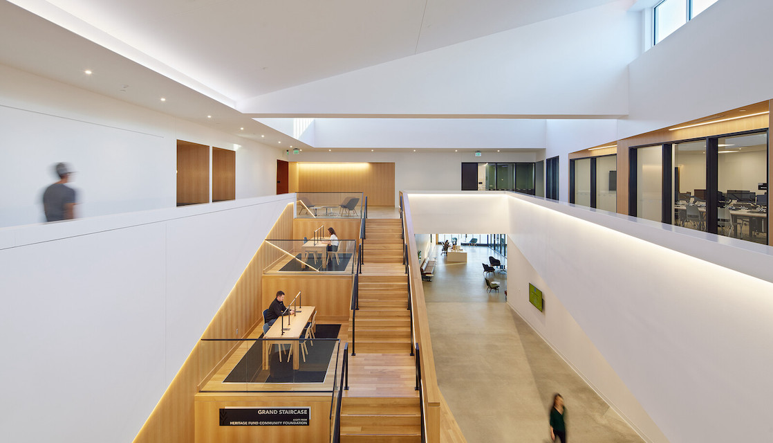 Building interior with cascading staircase