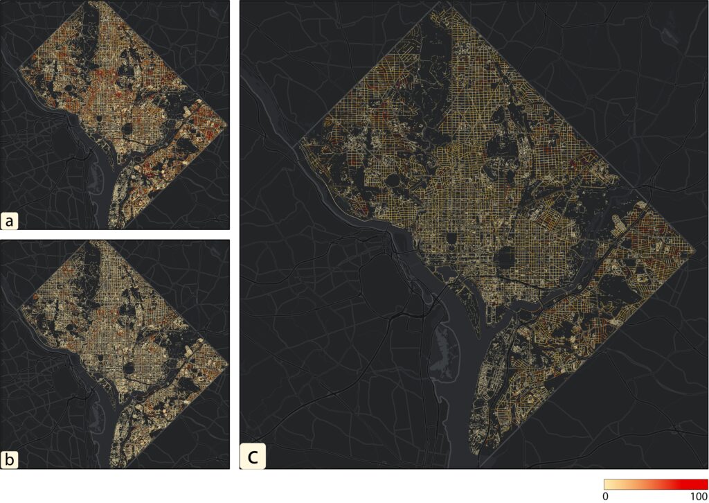 Map of combined accessibility data from Project Sidewalk including curb ramp availability and crossability scores (a), and surface material data from CitySurfaces, accounting for materials like bricks and cobblestones that affect mobility (b), to develop a comprehensive accessibility metric at the sidewalk segment level for Washington, DC (c).