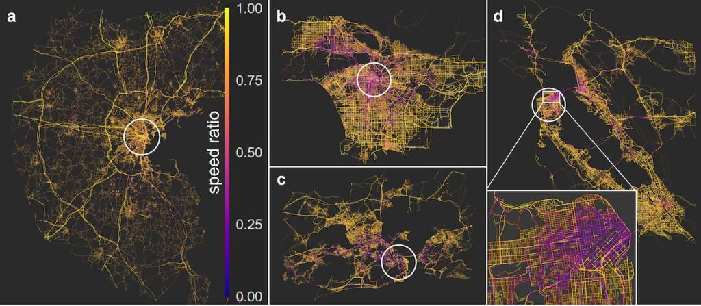 Street networks of four cities showing traffic derived from digital data