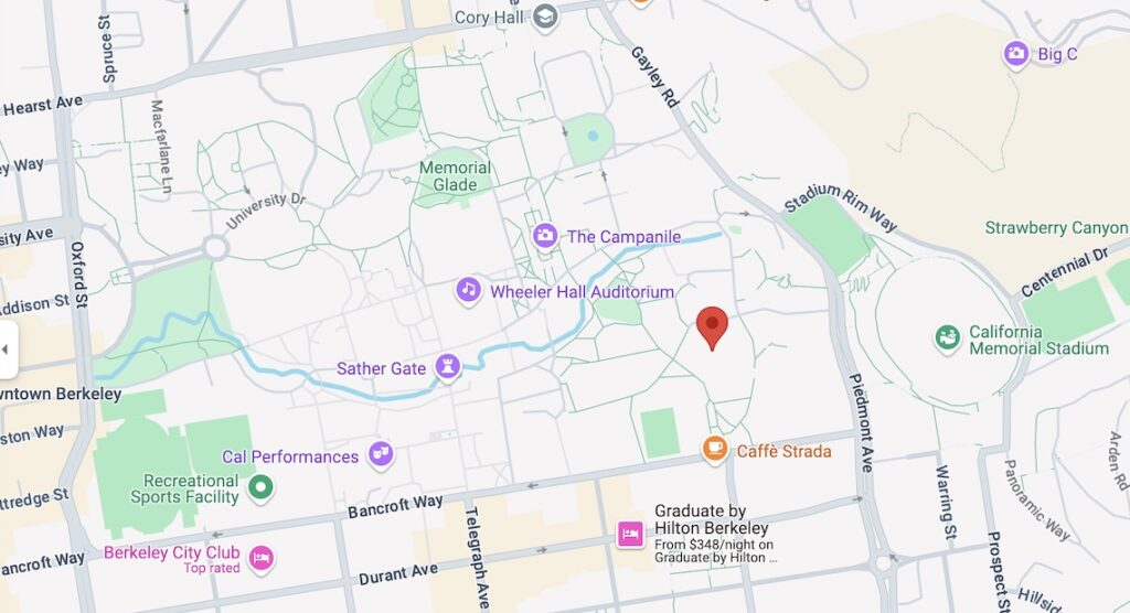 Street map showing location of Bauer Wurster Hall in Berkeley, California.