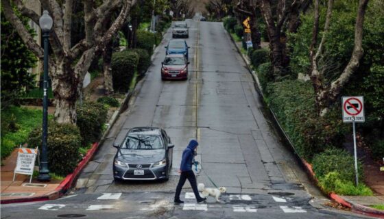 Berkeley Hills evacuation report, man walking dog across street i