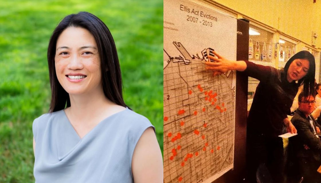 Headshot of Cindy Wu on left, Wu gesturing to wall map labeled Ellis Act Evictions on right