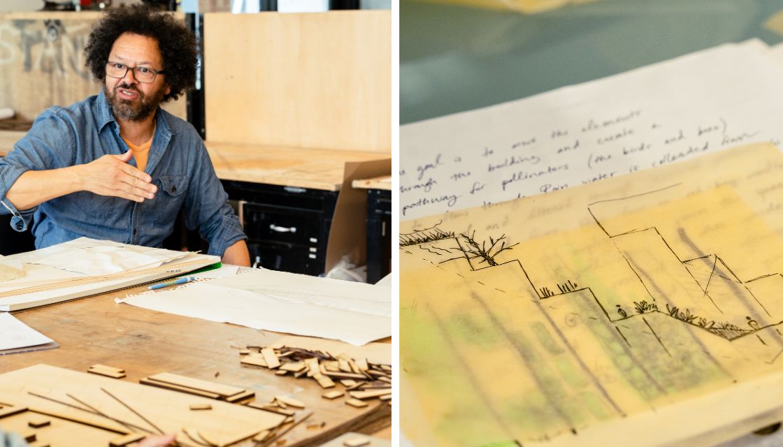 David Brown instructing on left, close-up of sketches on right