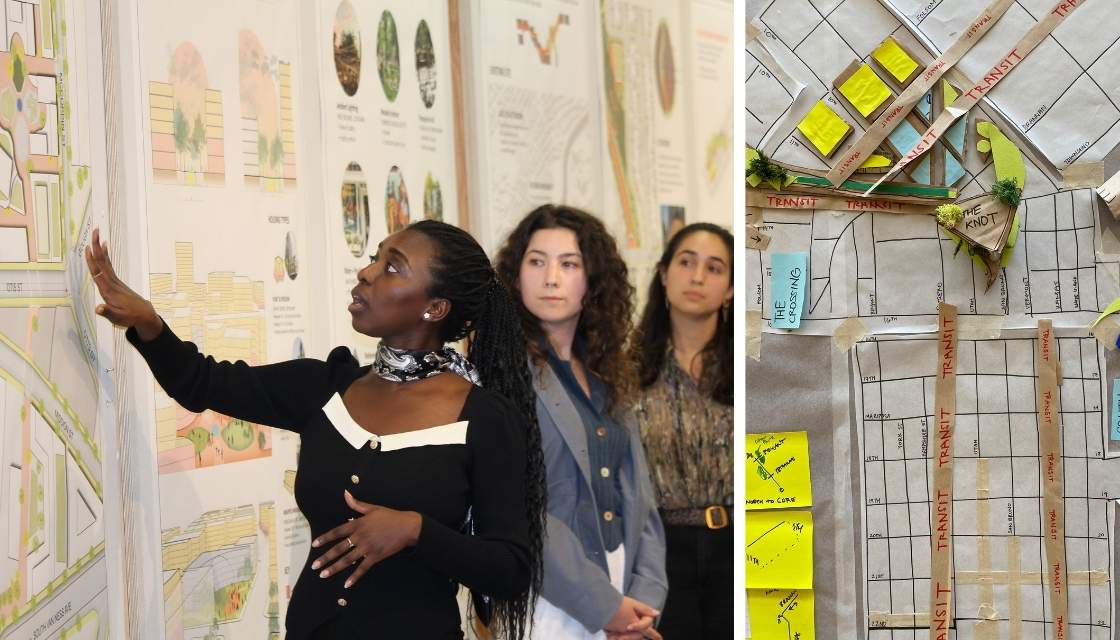 Student gesturing to drawing pinned up on wall