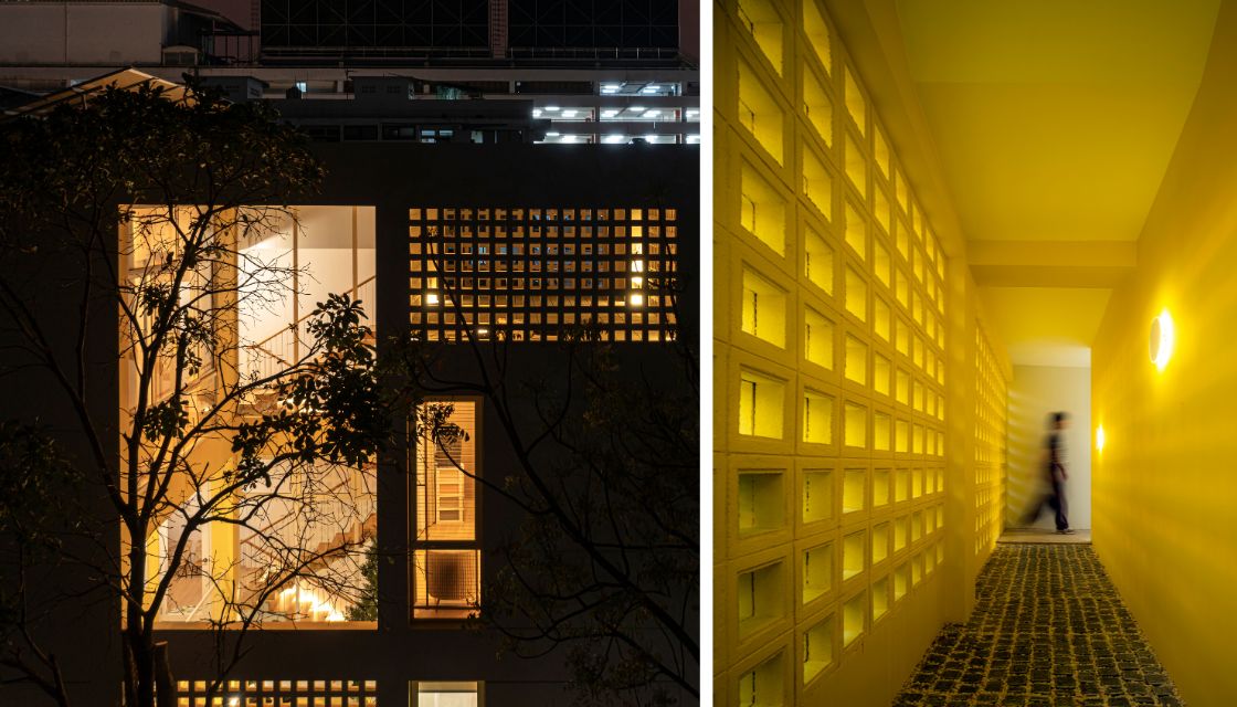 Composite of two views of a house: from the exterior at night and interior pedestrian entry passage
