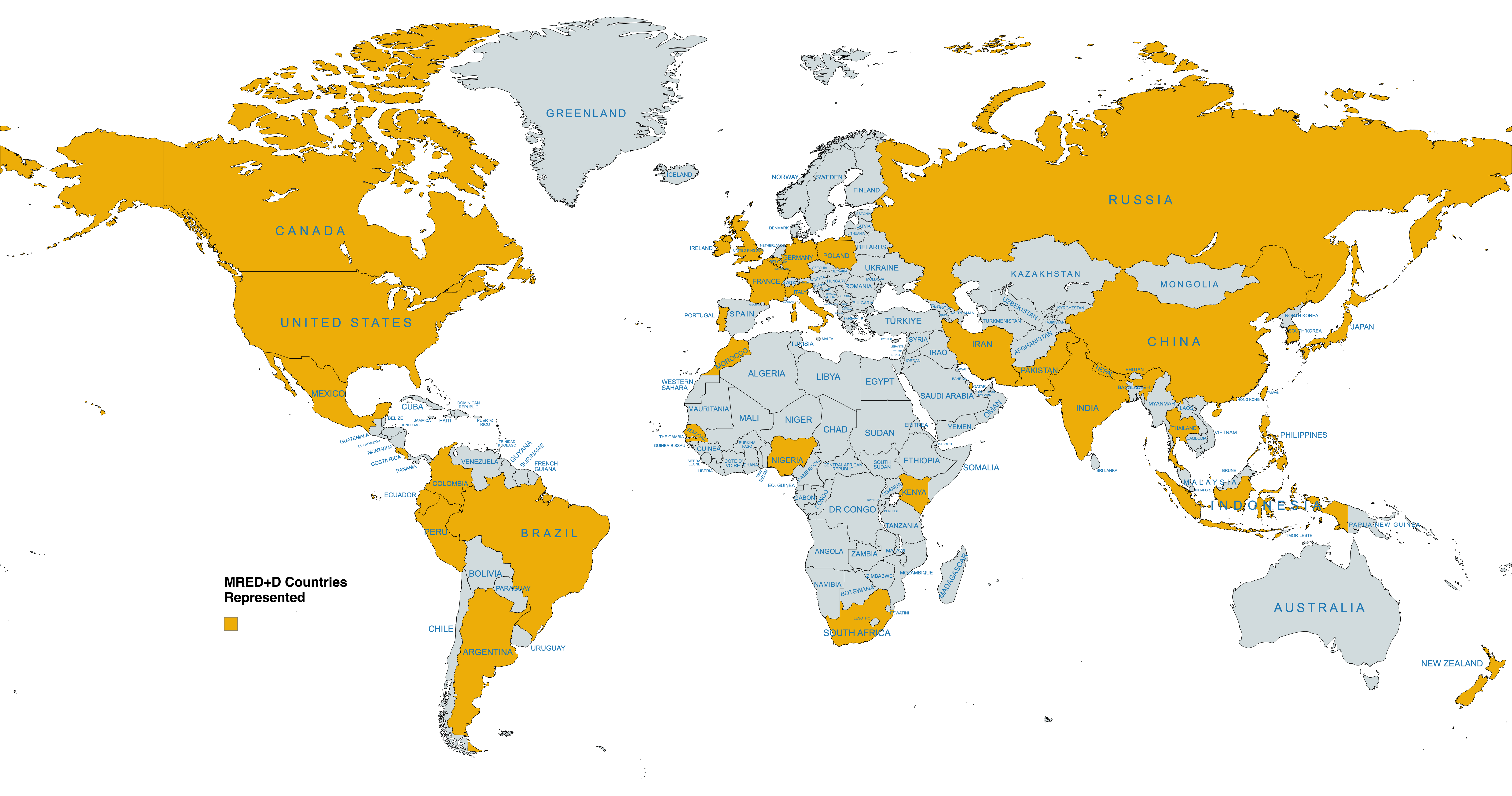 A map showing the following countries highlighted in gold:
Argentina
Belgium
Brazil
Canada
China
Colombia
Costa Rica
Ecuador
France
Germany
Hong Kong
India
Indonesia
Iran
Ireland
Italy
Japan
Kenya
Mexico
Morocco
Nepal
New Zealand
Nigeria
Pakistan
Peru
Phillippines
Poland
Portugal
Qatar
Russia
Senegal
South Africa
South Korea
Taiwan
Thailand
United Kingdom
United States