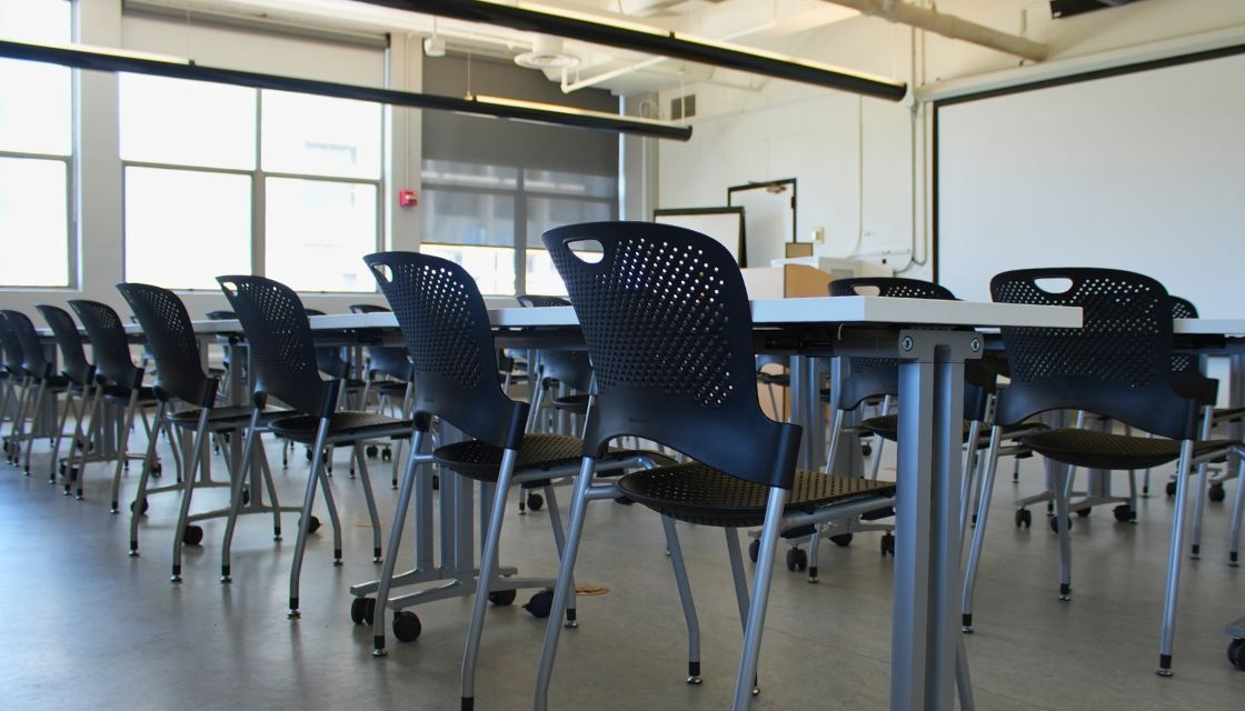 Bauer Wurster Hall room 470 with Herman Miller chairs, desks, AV system
