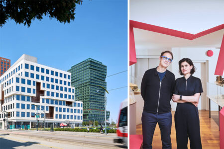 Multistory building on left, Dan Wood and Amale Andraos on right