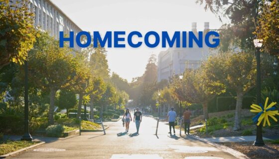 View of campus, with word Homecoming
