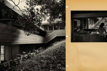 Exterior and interior views of midcentury modern house designed by Asian American architect Roger Lee.