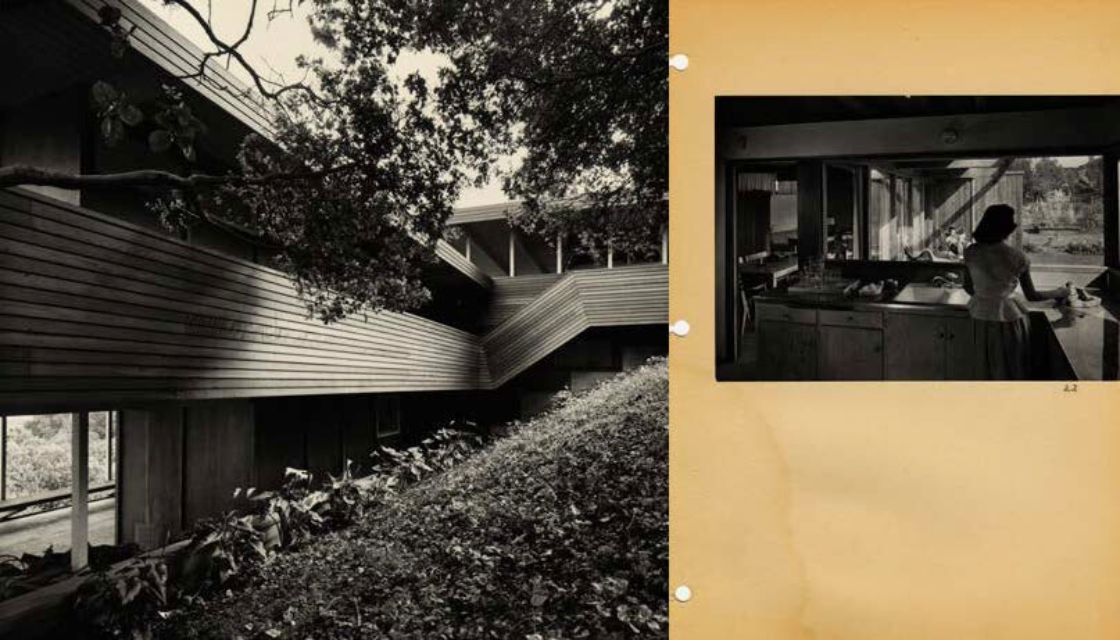 Exterior and interior views of midcentury modern house designed by Asian American architect Roger Lee.