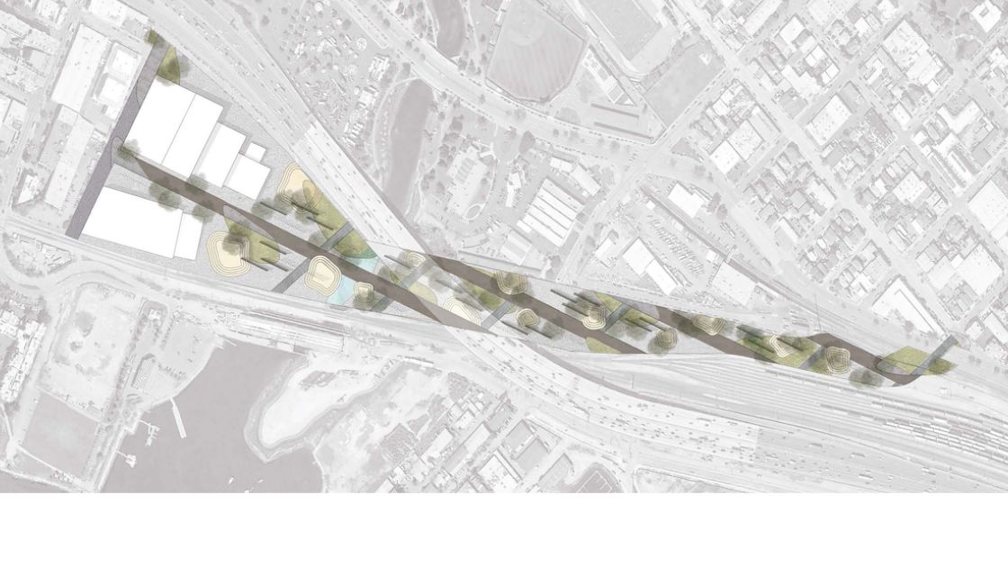 Aerial photo overlaid with drawing of plantings