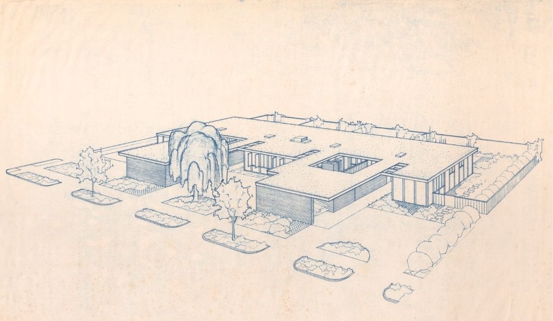Drawing of Havens Apartments, Harwell Hamilton Harris, 1934. Harwell Hamilton Harris Collection, Alexander Architectural Archives at the University of Texas, Austin.